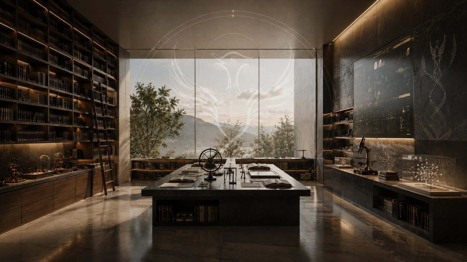 A modern research library combining historic books and scientific technology